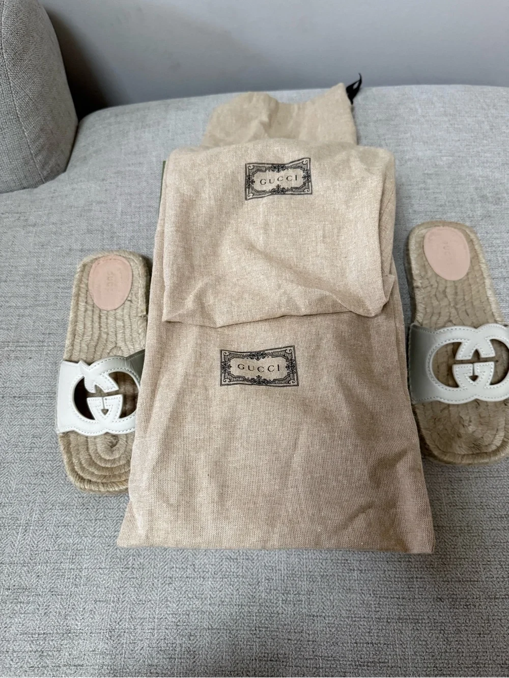 Gucci White Leather Interlocking G Espadrille Slides